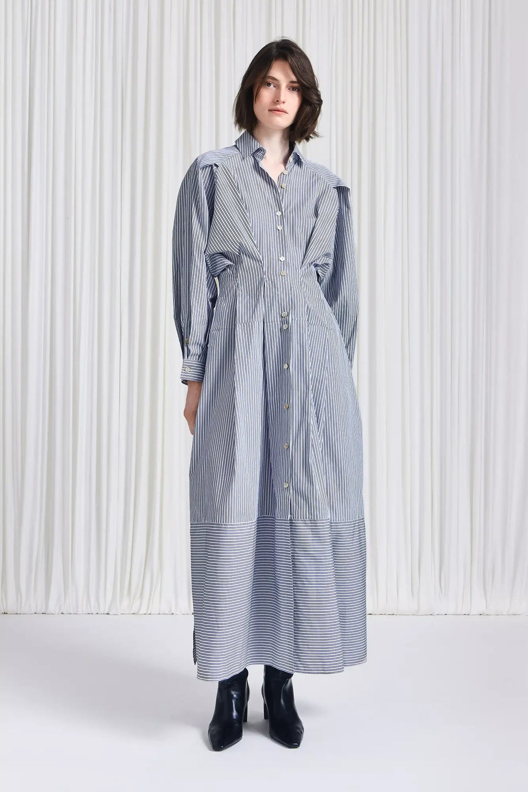 navy poplin midi dress 100% Organic Cotton Poplin Zip-Front Midi Dress in Navy
