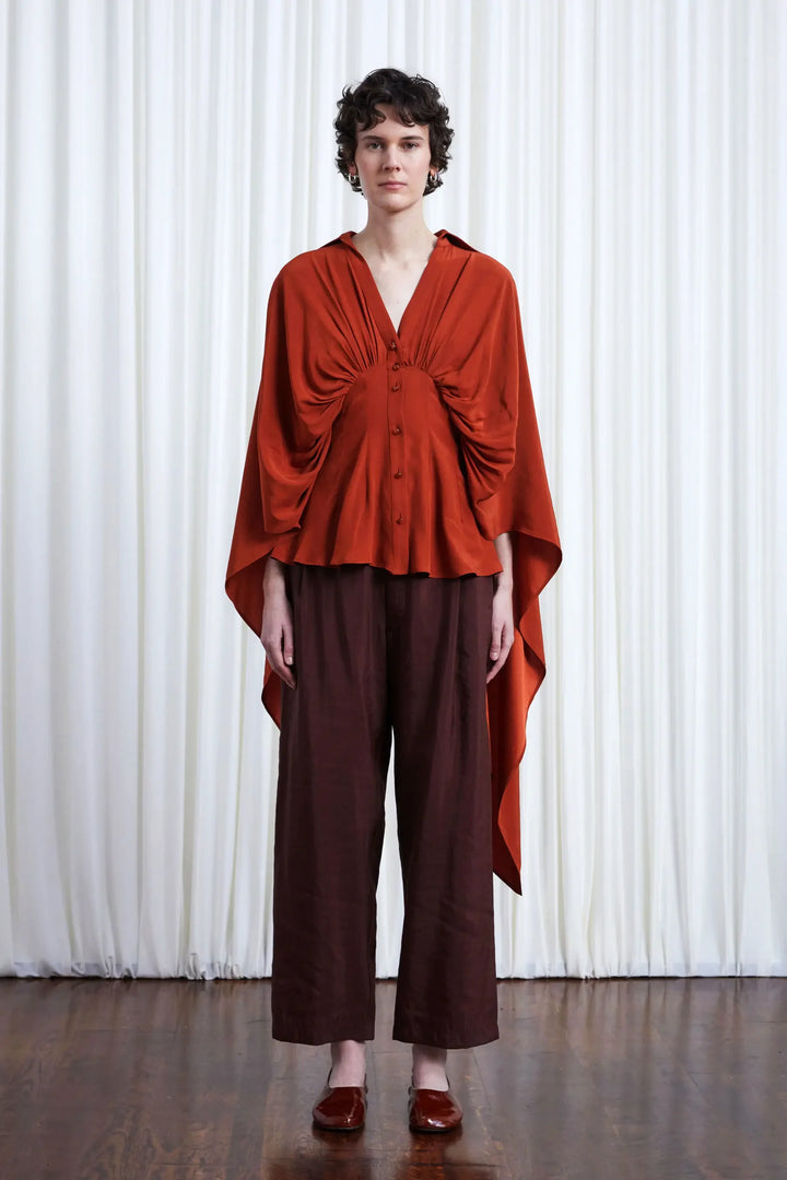 Resilient Shirt, rust crepe draped back fitted shirt