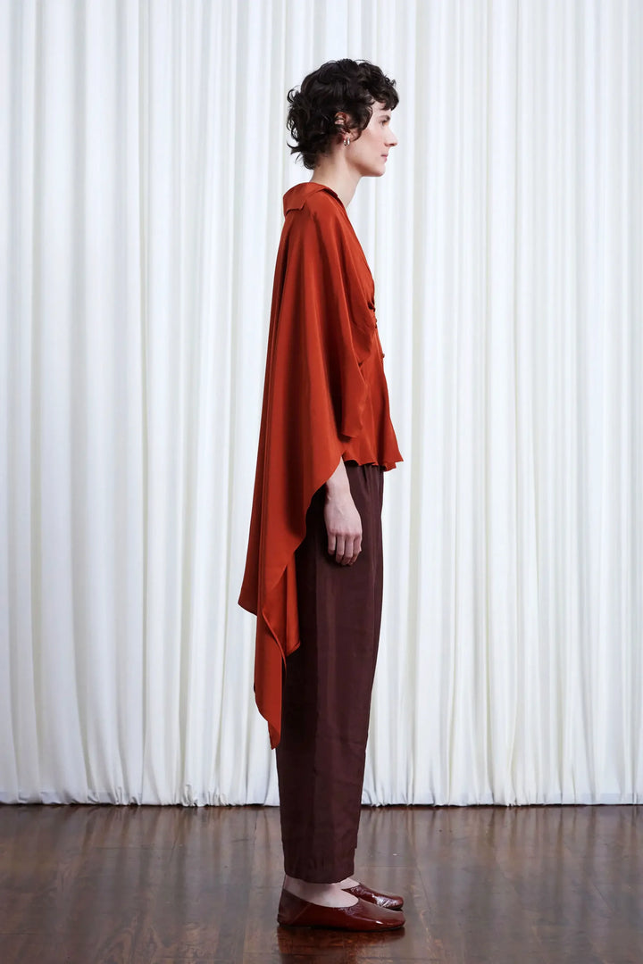 Resilient Shirt, rust crepe draped back fitted shirt