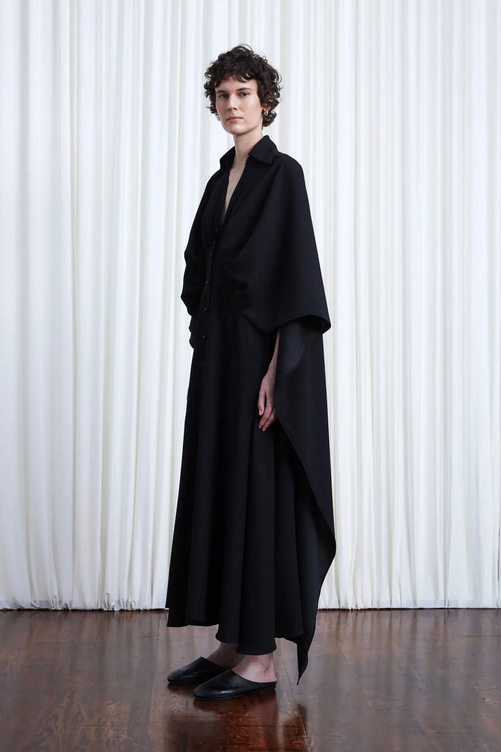 Resilient Dress, black crepe draped back dress