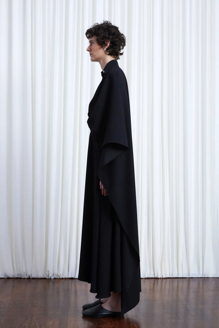 Resilient Dress, black crepe draped back dress