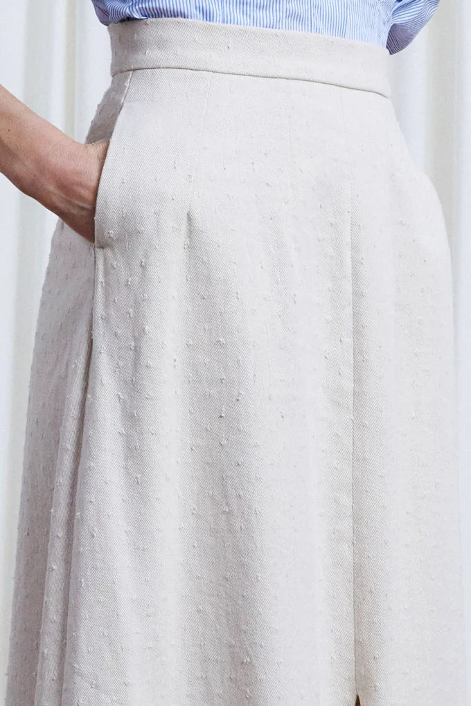 Resilient Skirt, ecru textured denim split long skirt