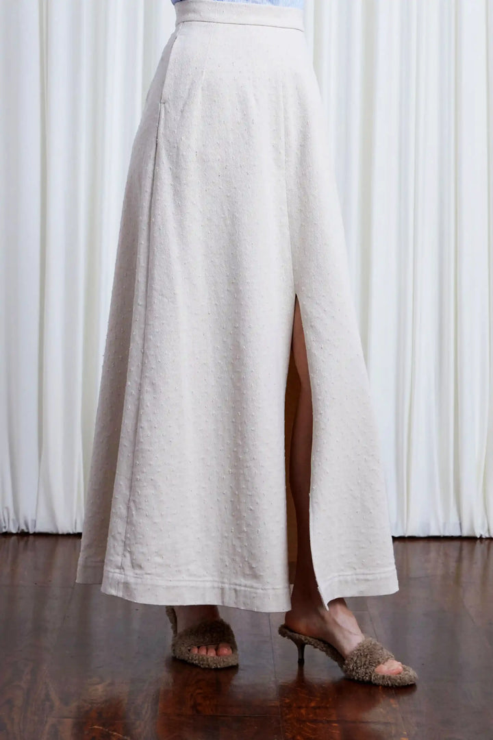 Resilient Skirt, ecru textured denim split long skirt