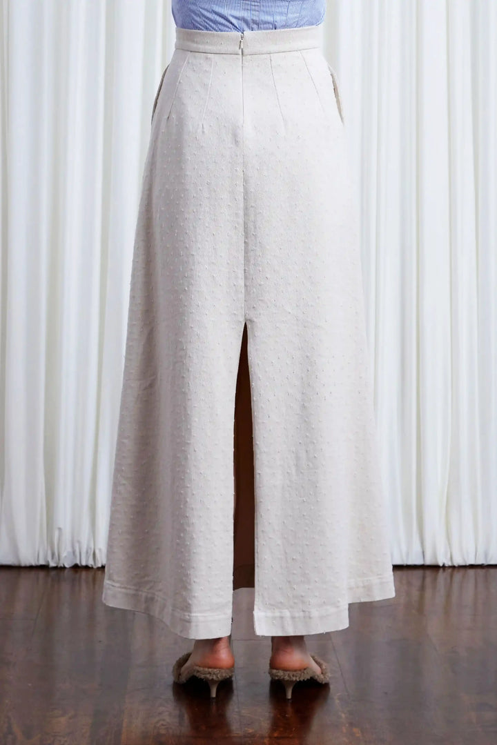 Resilient Skirt, ecru textured denim split long skirt