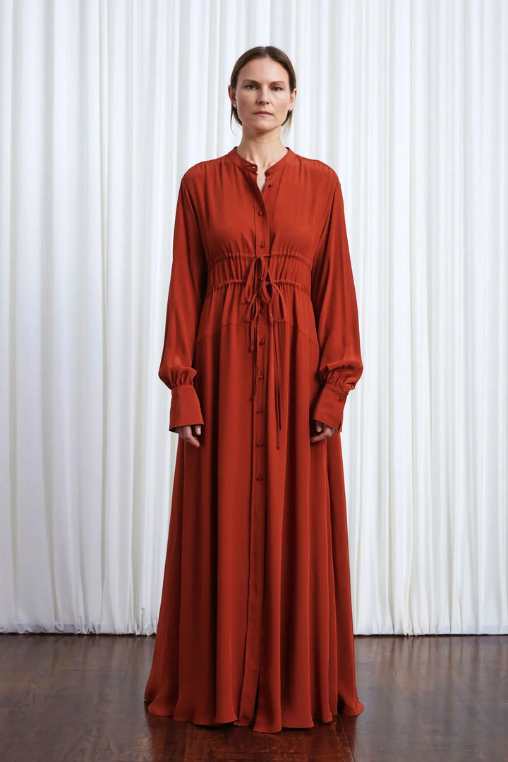 Clarity Dress, rust crepe maxi dress