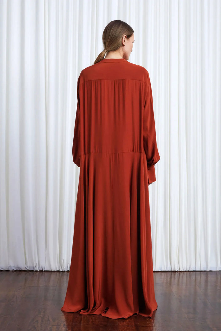 Clarity Dress, rust crepe maxi dress