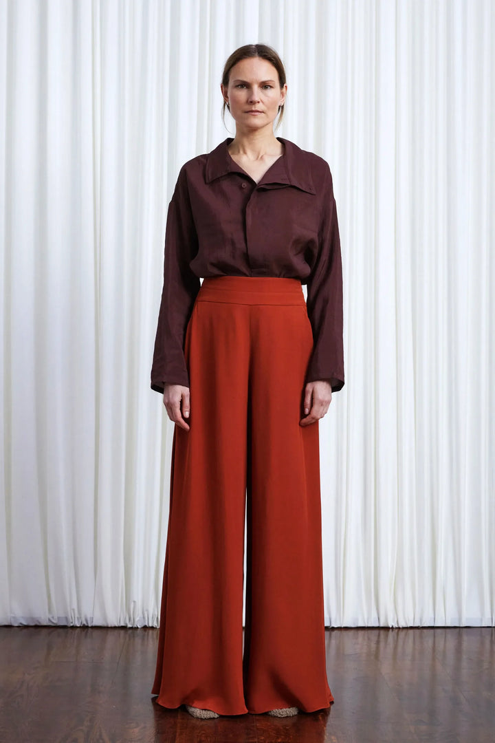 Clarity Trousers, rust crepe wide leg trousers
