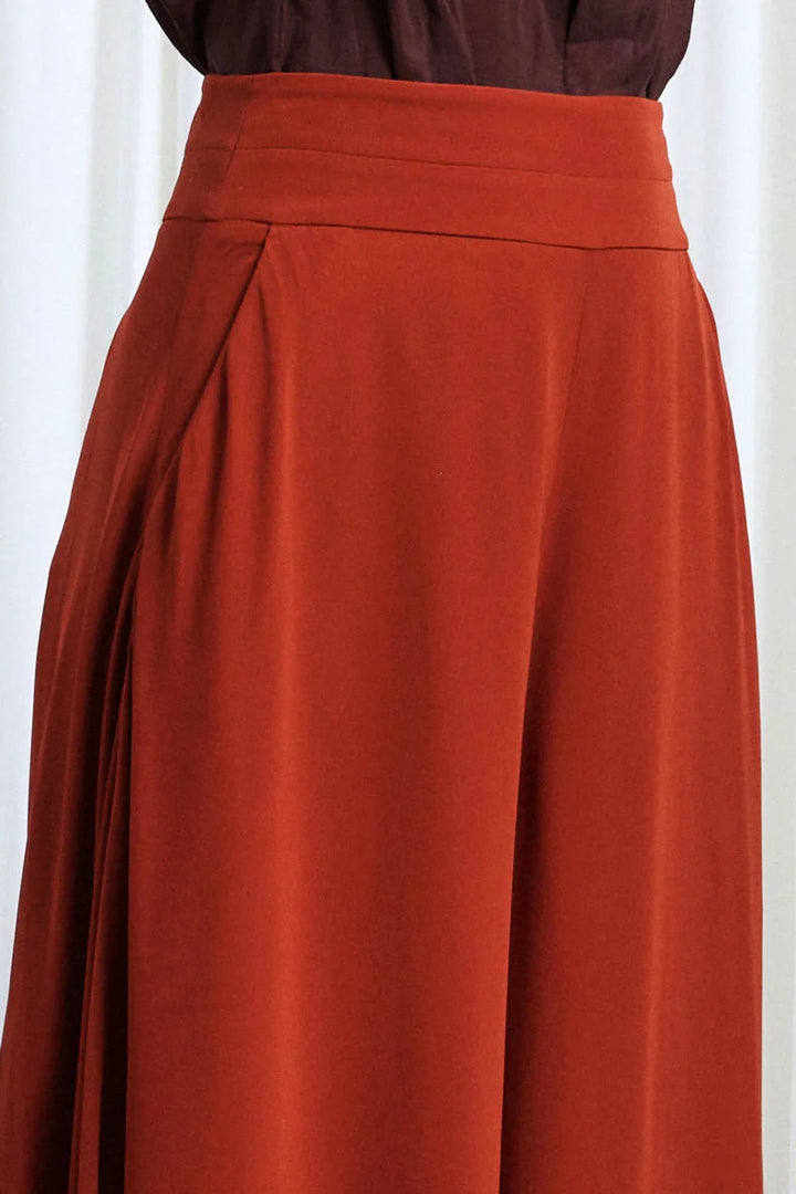 Clarity Trousers, rust crepe wide leg trousers