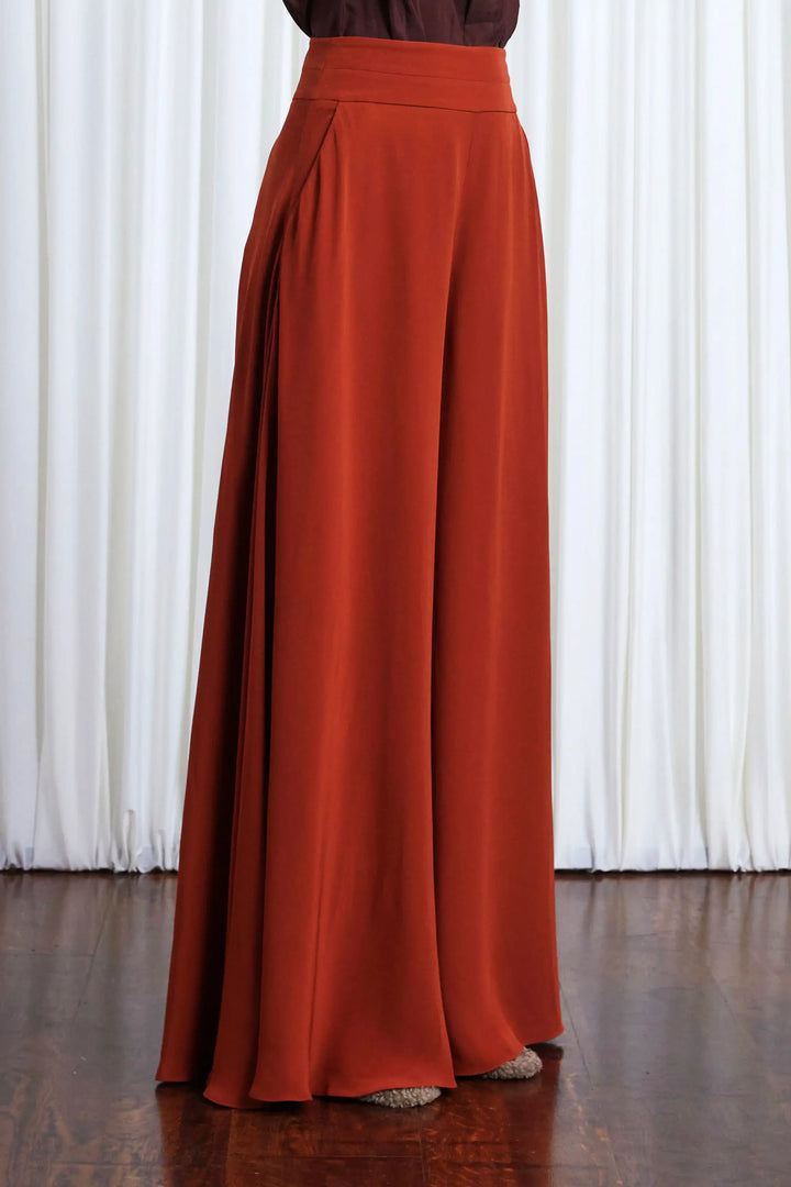 Clarity Trousers, rust crepe wide leg trousers