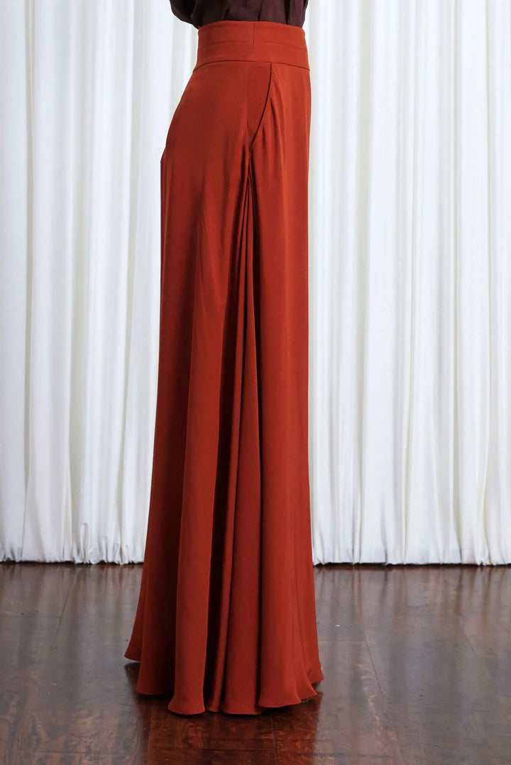 Clarity Trousers, rust crepe wide leg trousers