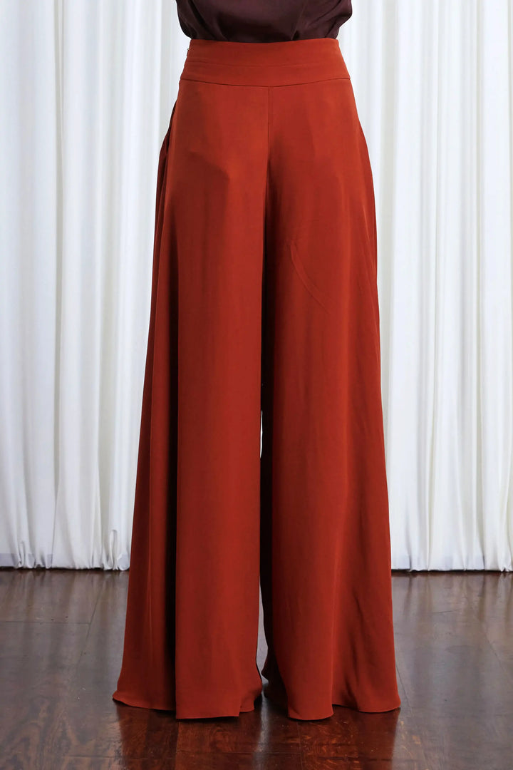 Clarity Trousers, rust crepe wide leg trousers