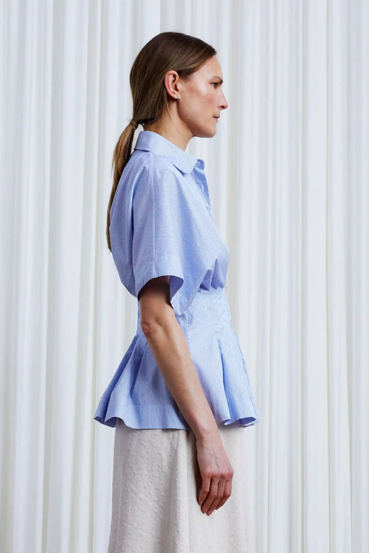 Courage Shirt, blue striped pleated waist shirt