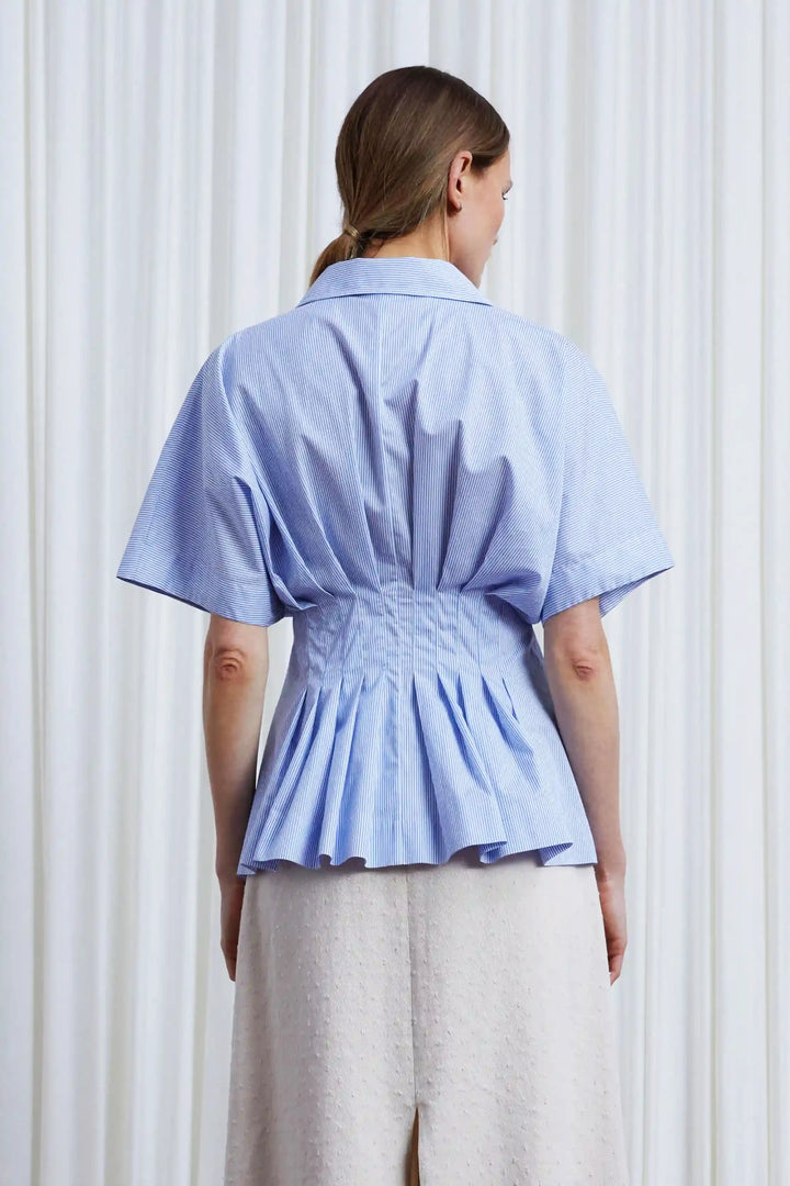 Courage Shirt, blue striped pleated waist shirt