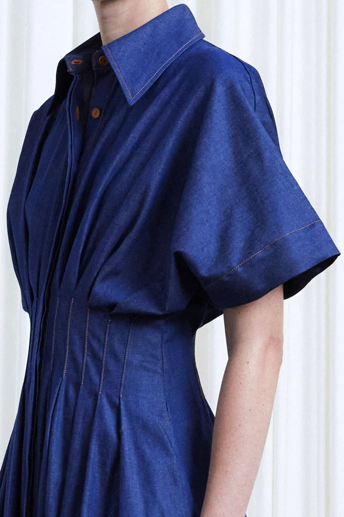 Courage Dress, indigo denim pleated waist midi dress