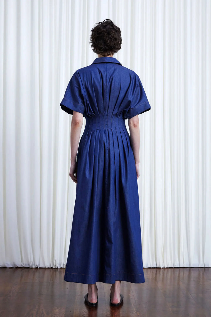 Courage Dress, indigo denim pleated waist midi dress