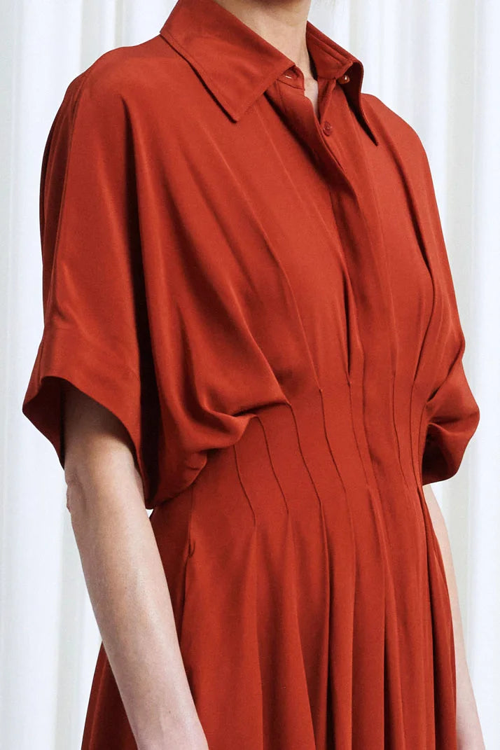Courage Dress, rust crepe pleated waist midi dress