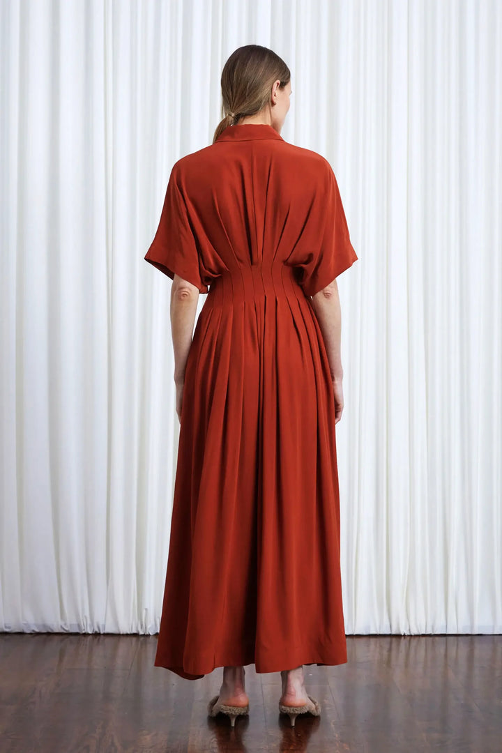 Courage Dress, rust crepe pleated waist midi dress
