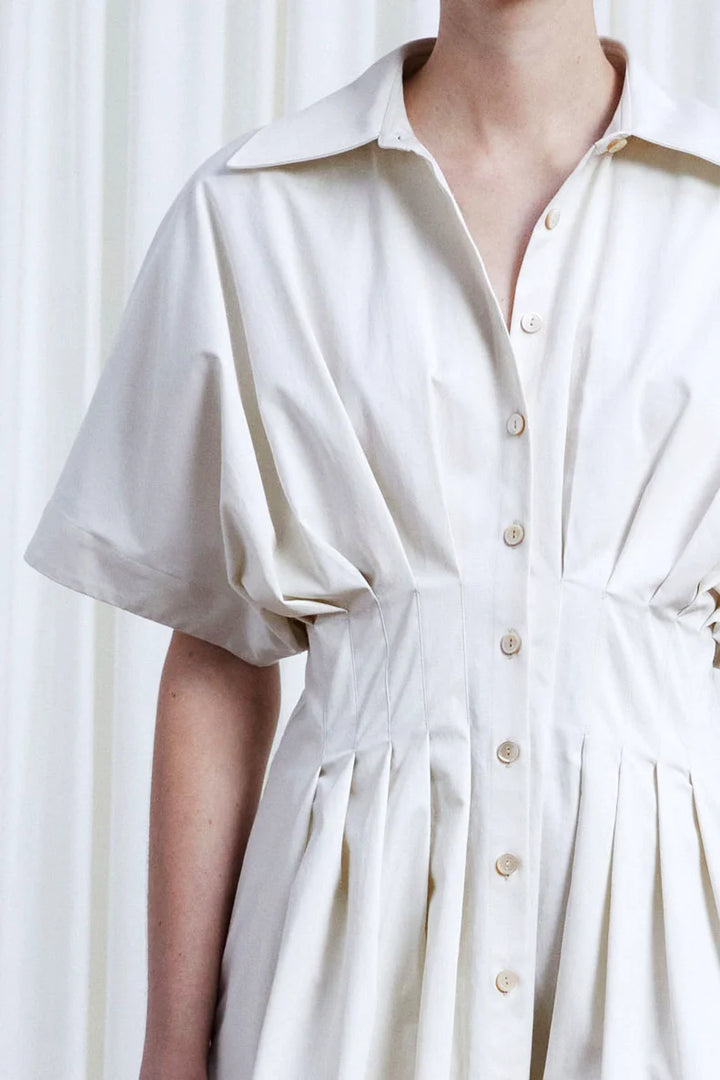 Short Courage Dress, ivory cotton pleated waist tunic