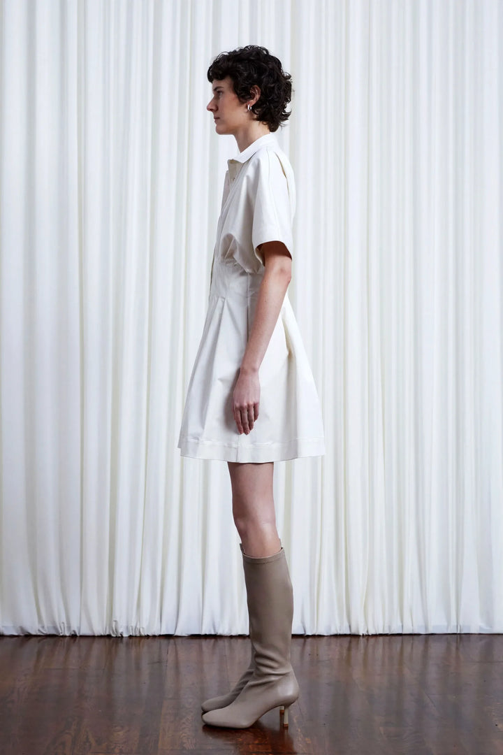 Short Courage Dress, ivory cotton pleated waist tunic