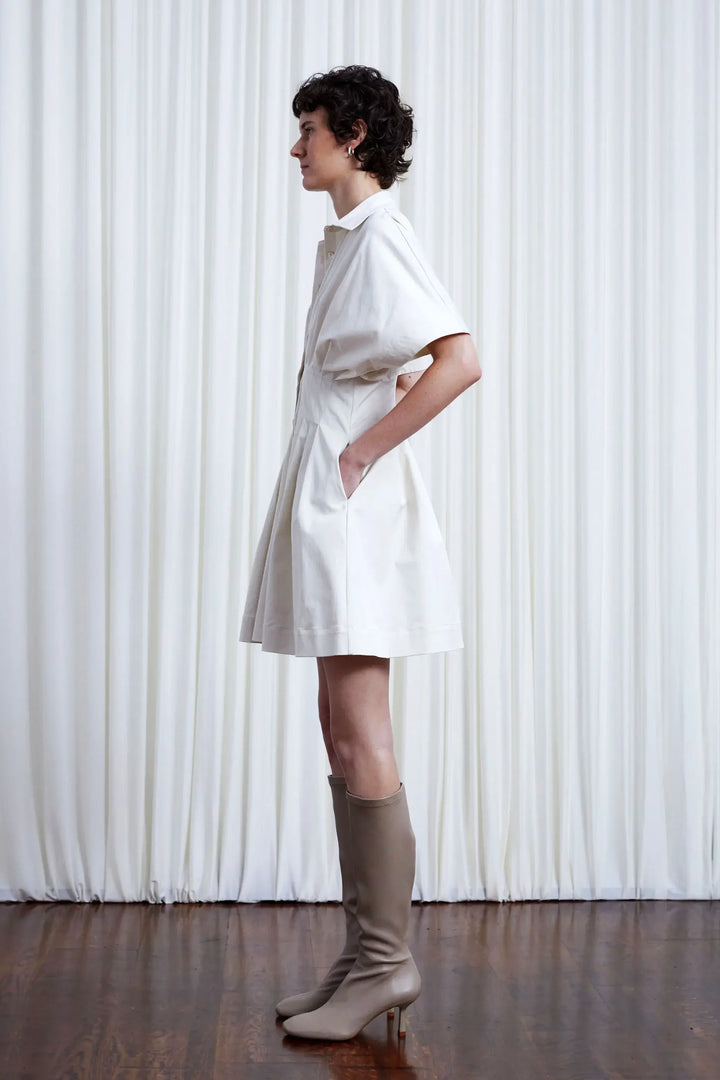 Short Courage Dress, ivory cotton pleated waist tunic
