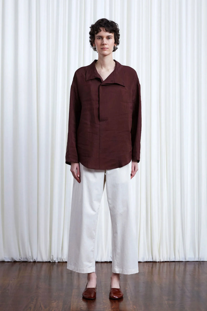 Sanctuary Shirt, oxblood habotai asymmetric collar shirt