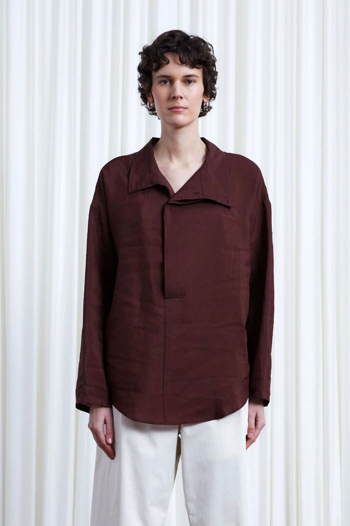 Sanctuary Shirt, oxblood habotai asymmetric collar shirt