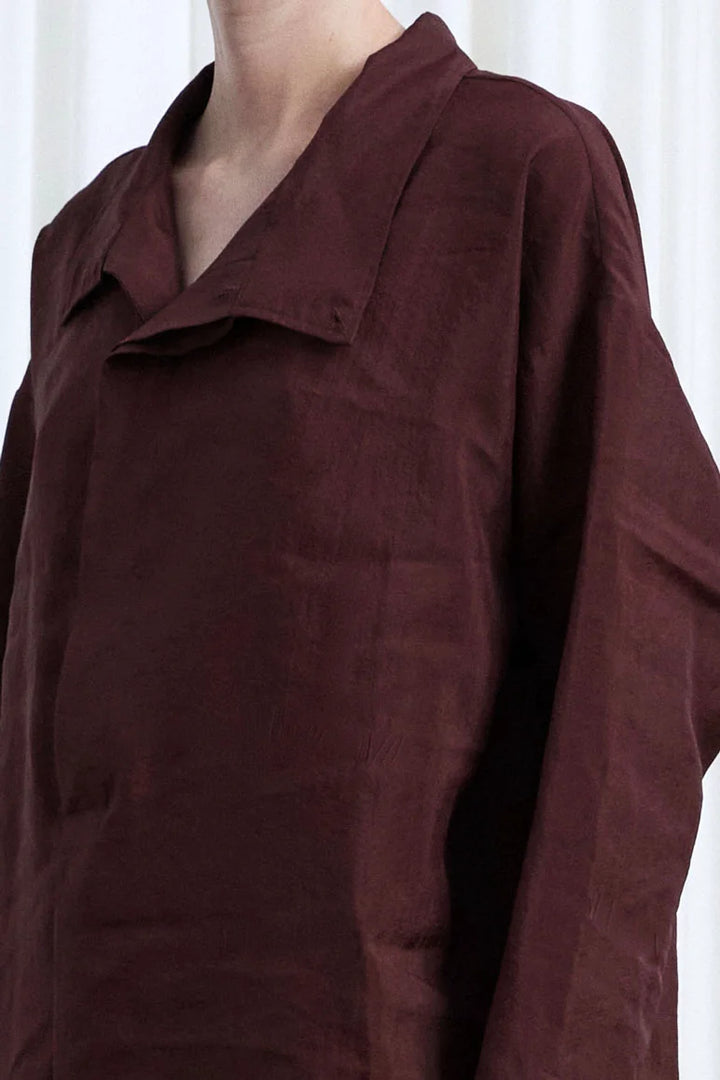Sanctuary Shirt, oxblood habotai asymmetric collar shirt