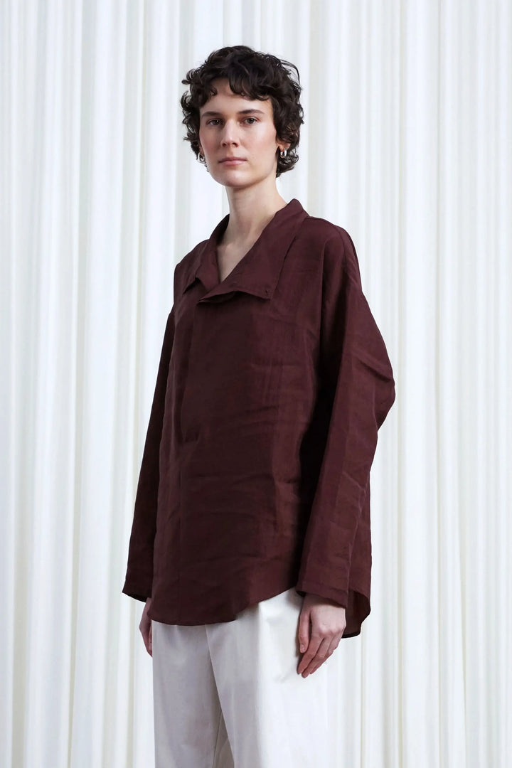Sanctuary Shirt, oxblood habotai asymmetric collar shirt