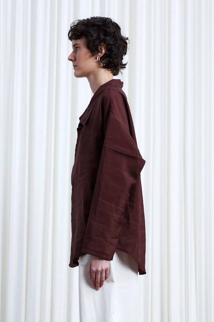 Sanctuary Shirt, oxblood habotai asymmetric collar shirt