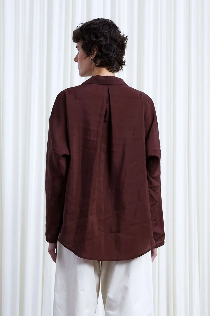 Sanctuary Shirt, oxblood habotai asymmetric collar shirt