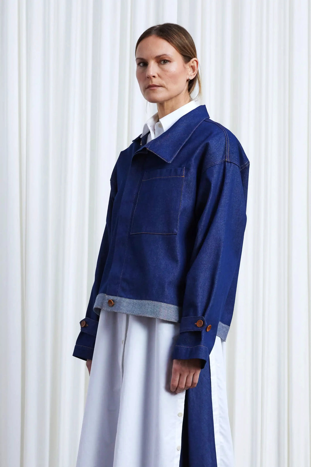 Sanctuary Jacket, indigo denim asymmetric boxy jacket