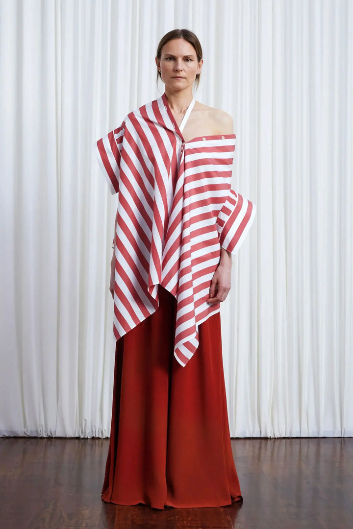 قميص هافن، قميص قطني أحمر مخطط عريض، فضفاض مكشوف الكتفين