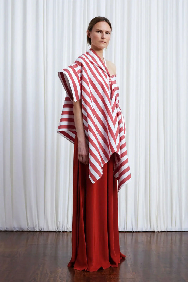 قميص هافن، قميص قطني أحمر مخطط عريض، فضفاض مكشوف الكتفين