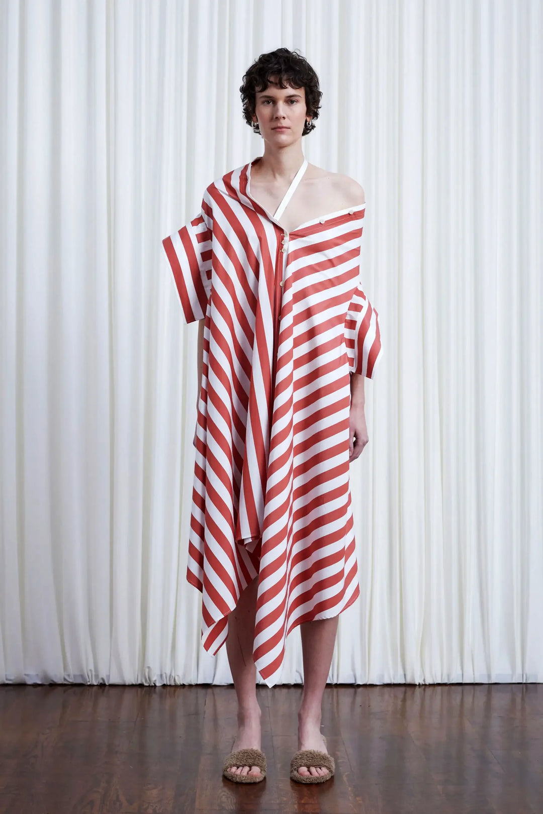 red striped off the shoulder dress Rosie Assoulin Red Stripe Falling Off the Shoulder Midi Dress Red Stripe / XS