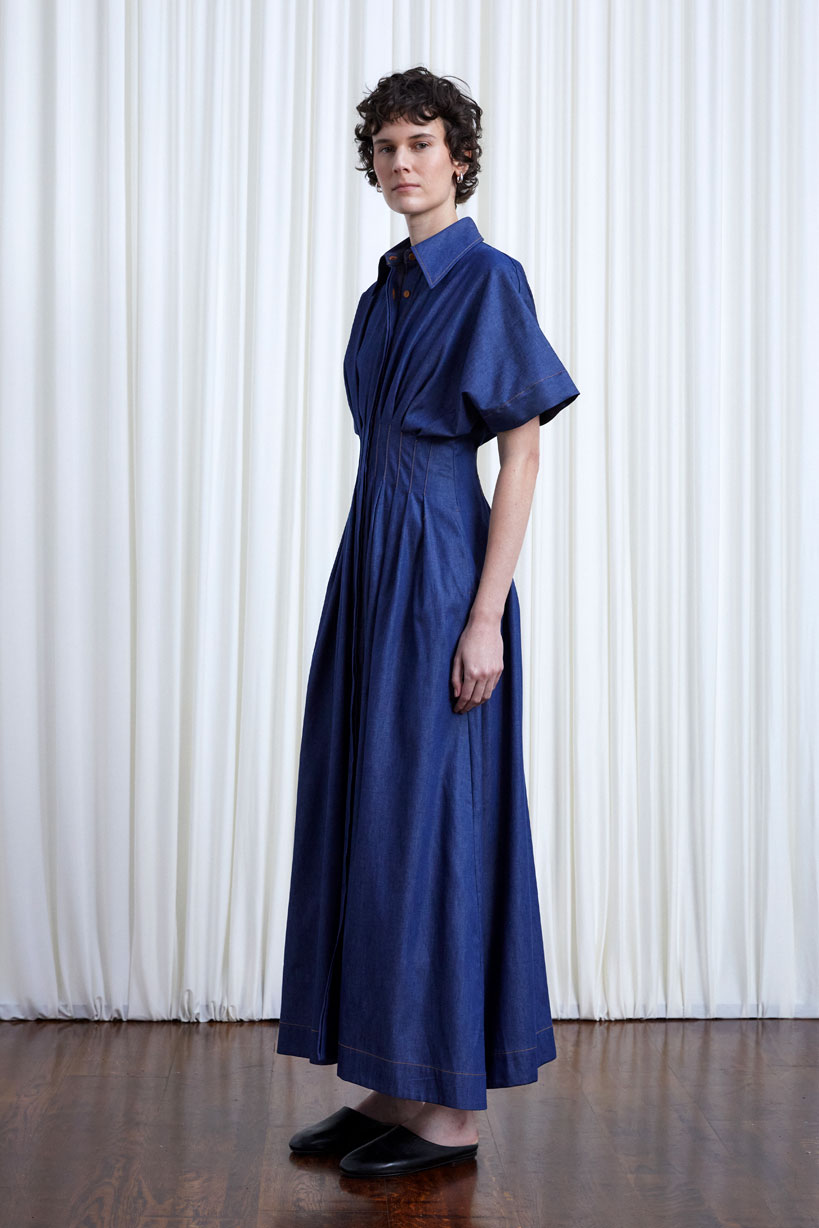 Courage Dress, indigo denim pleated waist midi dress