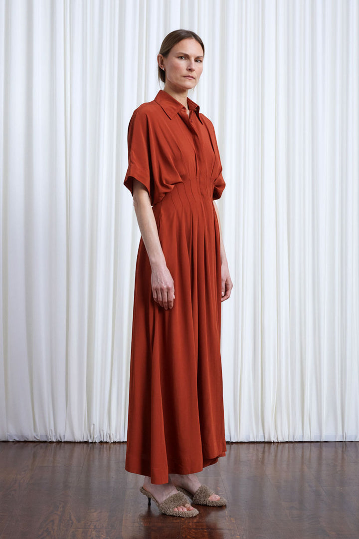 Courage Dress, rust crepe pleated waist midi dress