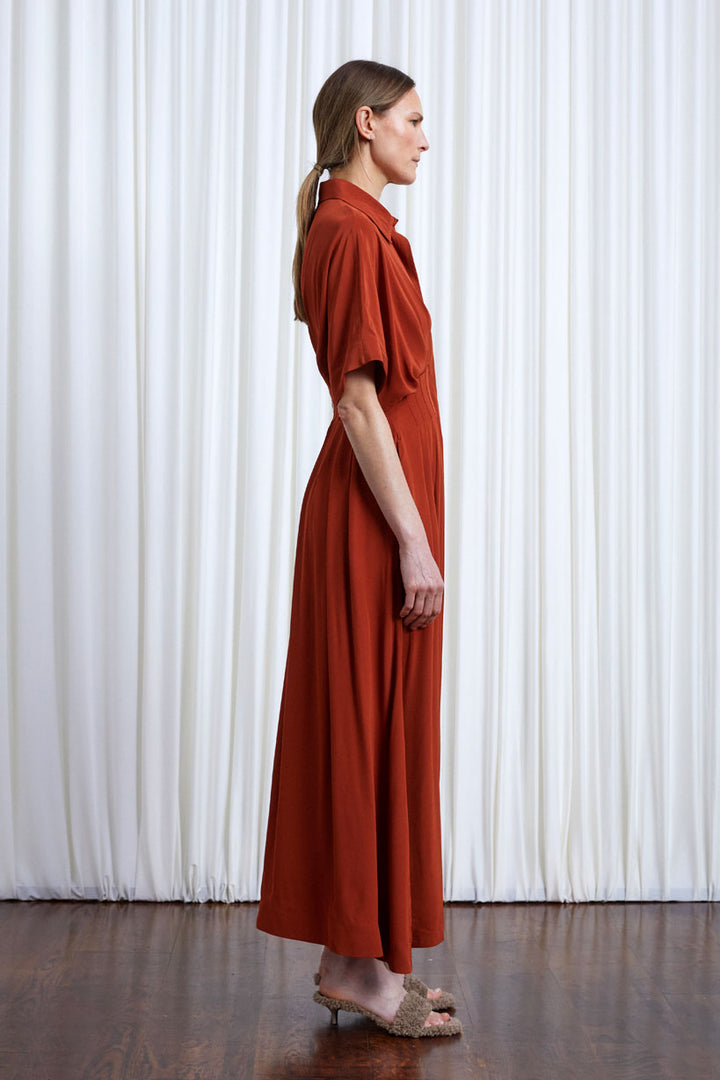Courage Dress, rust crepe pleated waist midi dress
